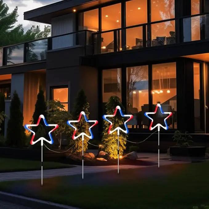 4th of July Decorations Red White and Blue Light, 4PCS Big LED Neon Star Pathway Lights Outdoor, Patriotic Garden Stake Lights with 8 Modes Waterproof for Independence Day Yard Lawn Decor by GreenHaven Gardens