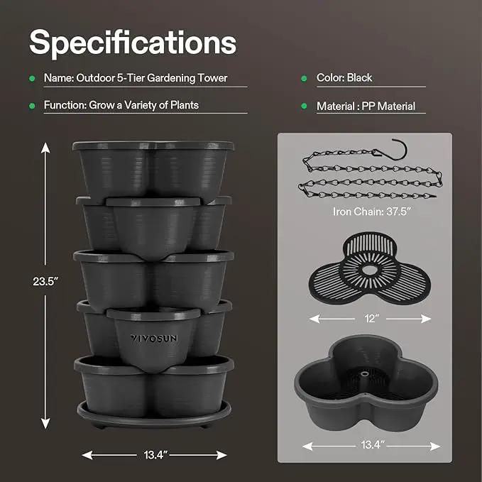VIVOSUN 5 Tier Vertical Gardening Stackable Planter for Strawberries, Flowers, Herbs, Vegetables, Black by GreenHaven Gardens