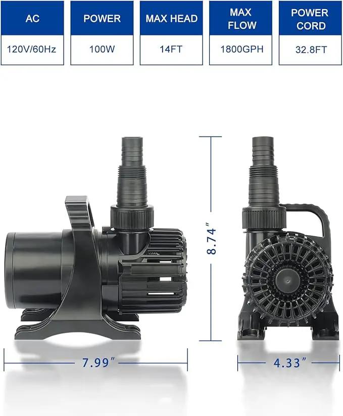 Outdoor 1800Gph-100W 32.8FT Small-Pond Water-fall & Kio Fish Fountain-s &Garden Pump Submersible IPX8: Long 32.8FT Cord Smart-er & Quieter Duck & Yard &Patio Ponds Pumps, 1 Barrier Pump Bag by GreenHaven Gardens
