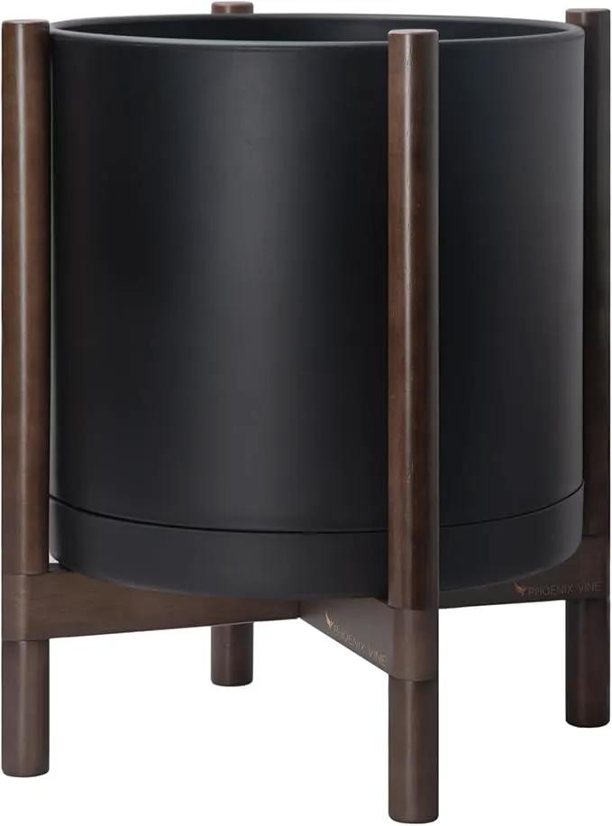 D'vine Dev Planter Pot with Stand - 16 Inch Plastic Cylinder Flower Pot with Wood Planter Holder for Indoor, Matte Black Pot + Walnut Color Stand, 55-C-X-2 by GreenHaven Gardens