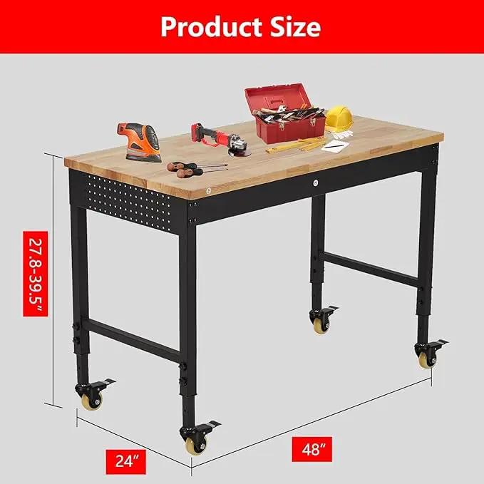 48'' Adjustable Workbench on Wheels, 2000LBS Heavy Duty Worktable with Power Outlets & Drawers & Pegboard, Rubberwood Workstation for Workshop, Garage, Office, Home by GreenHaven Gardens