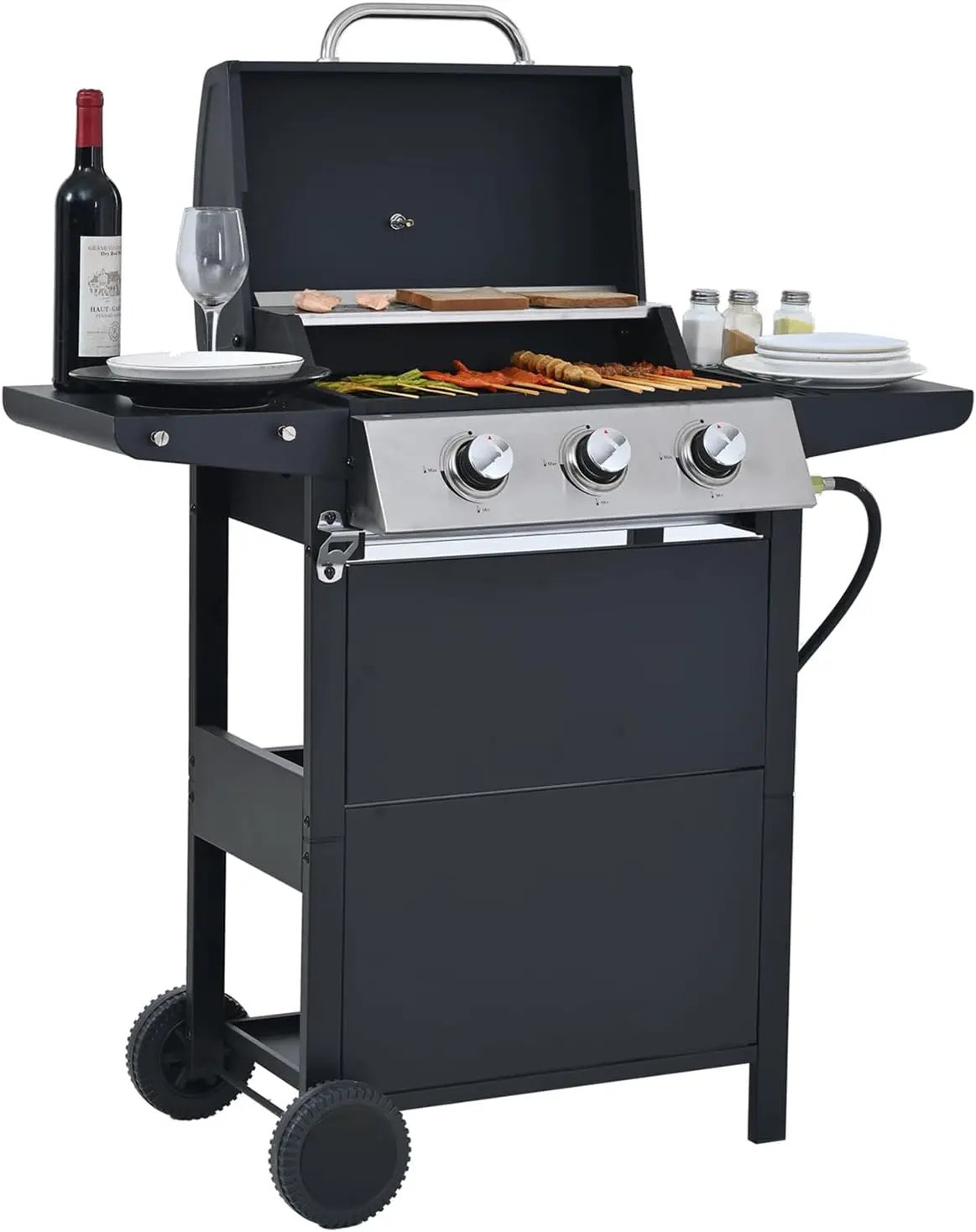 Endark 3-burner propane gas grill | 26,000 BTU stainless steel with enamel wire cooking grates and built-in thermometer | with side rack wheels | great for patio, garden, and outdoor cooking by GreenHaven Gardens