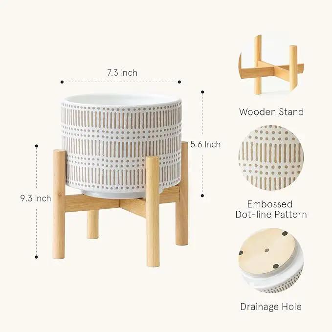 LA JOLIE MUSE Ceramic Plant Pot with Wood Stand - 7.3 Inch Modern Round Decorative Flower Pot Indoor with Wood Planter Holder, Beige and White by GreenHaven Gardens