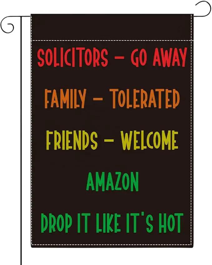 Funny Welcome Sarcastic Garden Flag Outdoor Decorations Go Away Family Tolerated Friends Small Double Sided Burlap art Stained Glass Style Garden Flags 12 x 18 Inch for Outside by GreenHaven Gardens
