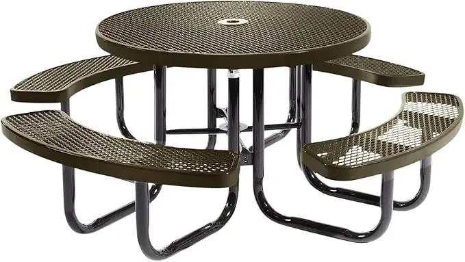 Heavy-Duty Portable Outdoor Picnic Table with Umbrella Hole, Expanded Metal Commercial-Grade Patio Dining Furniture Made in America (46" Round Top, Textured Gold Vein) by GreenHaven Gardens