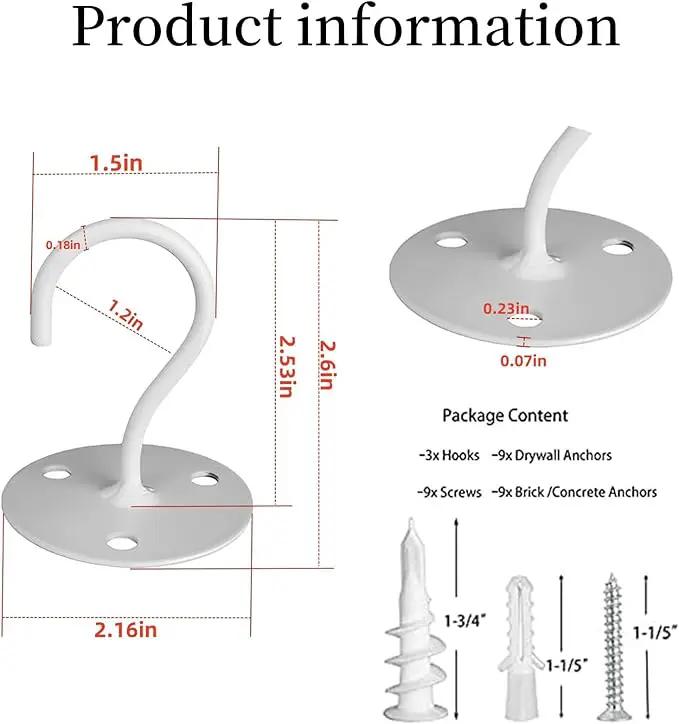 Ceiling Hooks for Hanging Plants - Metal Heavy Duty Wall Mounted Hangers for Hanging Bird Feeders, Planters, Wind Chimes, Include Professional Drywall Anchors (3-Pack (White) by GreenHaven Gardens