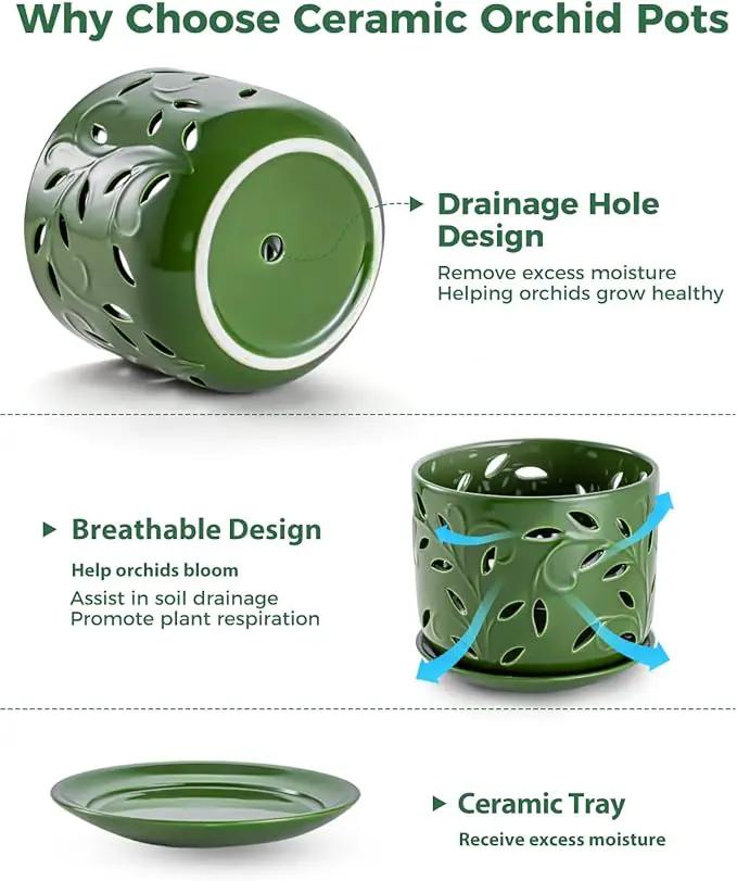EFISPSS Orchid Pot with Holes, 5+6Inch Ceramic Plant Pots with Drainage Holes and Tray, Promoting Air Circulation and Drainage, Indoor/Outdoor Flower Pots-Green by GreenHaven Gardens