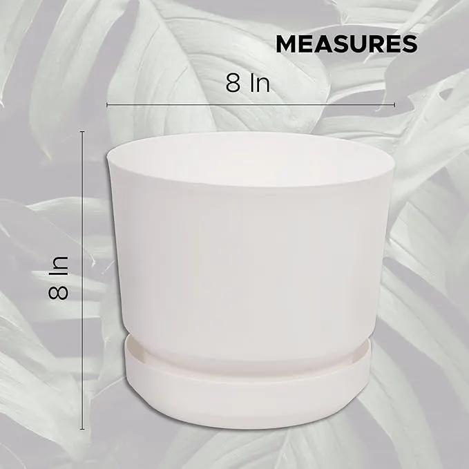 Elly Décor 8 inch Plastic Cylinder Planter Pot with Self-Watering Saucer and Drainage Hole,Lightweight & Extremely Durable, 8"x 8", White by GreenHaven Gardens