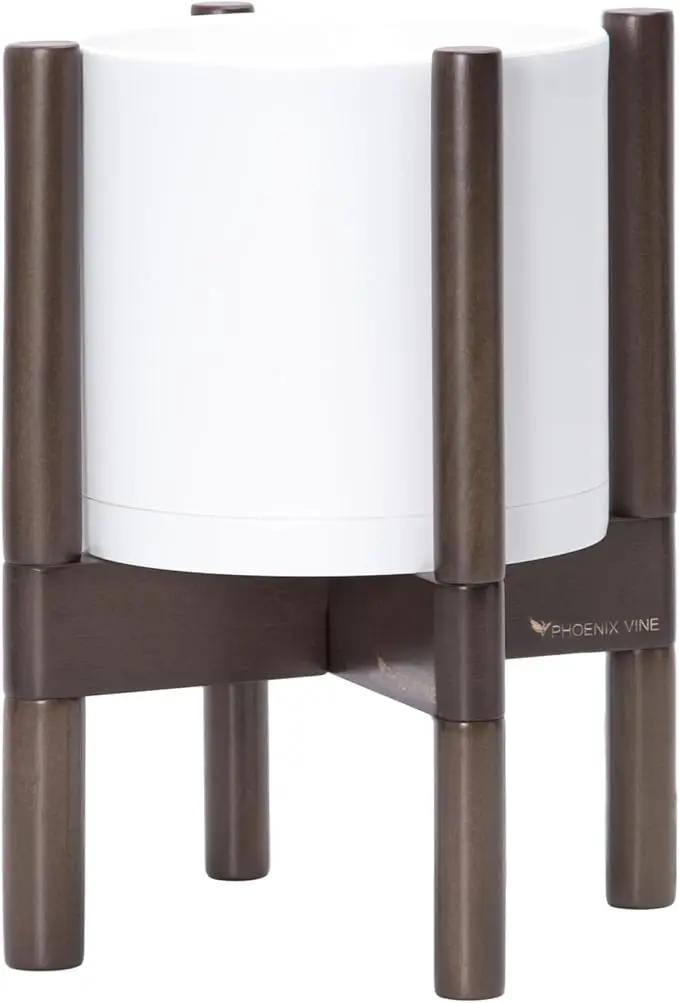 D'vine Dev Planter Pot with Stand - 8 Inch Plastic Cylinder Flower Pot with Wood Planter Holder for Indoor, Matte White Pot + Walnut Color Stand, 55-C-I-1 by GreenHaven Gardens