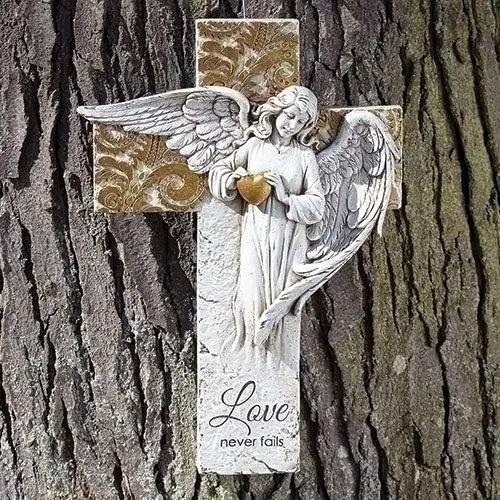 Roman Angel on Cross with Gold Heart Garden Statue,12-inch Height by GreenHaven Gardens