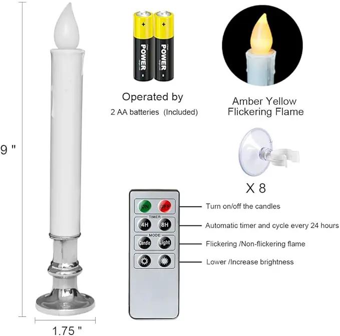 DRomance 9" Flameless Window Taper Candles Battery Operated with 8-Key Remote and Timer, 8 Pack White Christmas Holdiay Window Candles with Silver Holders, Suction Cups and AA Batteries Included by GreenHaven Gardens