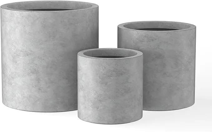 Kante 9.8",12.6",15.7" Dia Round Concrete Planter Set of 3, Modern Style Large Cylindrical Plant Pot with Drainage Hole and Rubber Plug for Indoor Outdoor Patio, Natural Concrete by GreenHaven Gardens