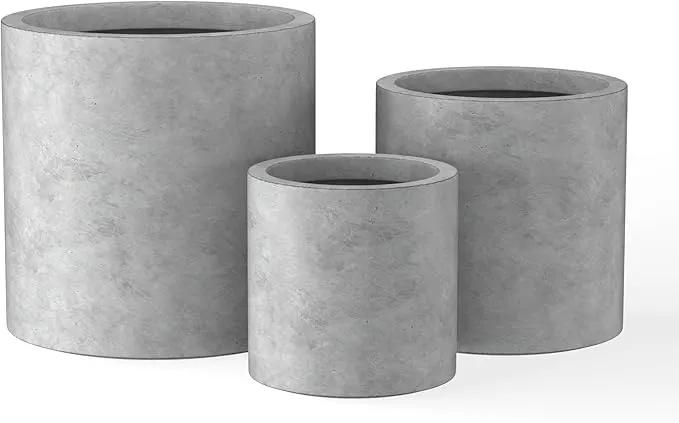 Kante 9.8",12.6",15.7" Dia Round Concrete Planter Set of 3, Modern Style Large Cylindrical Plant Pot with Drainage Hole and Rubber Plug for Indoor Outdoor Patio, Natural Concrete by GreenHaven Gardens