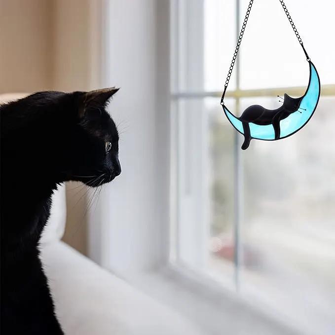 BOXCASA Sleeping Cat Stained Glass Windown Hanging,Black Cat on Moon Beautiful Handcrafted Sun Catcher Gifts for Daughter,Mothers Day,Christmas and Cat Lover by GreenHaven Gardens
