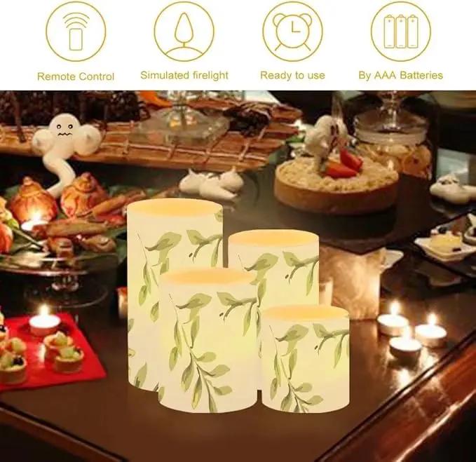 Green Leaves Flameless Candles Battery Operated Candles Set of 4 with 18-Key Remote Control Timer Dancing Flame Pillar Candles for Home Beach Hotel by GreenHaven Gardens