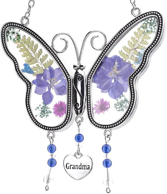 Laraine Butterfly Suncatcher with Pressed Colourful Flower Wings Mom Mother's Day Butterfly Glass Wind Chime Ornament Charm with Metal Heart Gifts for Mom Grandma Birthday (Purple Grandma) by GreenHaven Gardens