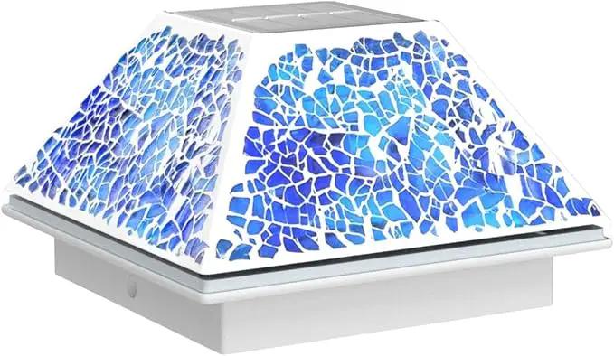 2PK Mosaic Solar Post Cap Lights Outdoor for 4x4, 3.5x3.5 Post Crackled Glass Deck Fence Lamp Weatherproof LED Light Decor in Garden, Yard, Outdoor Table, Balcony, Landscape- Cyan Blue by GreenHaven Gardens