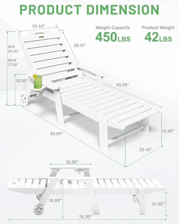 Lounge Chair Outdoor Set of 2, HDPE Chaise Lounge Outdoor with 6-Position & Wheels &Cup Holder, Pool Lounge Chair for Pool Poolside Deck Backyard Patio, White by GreenHaven Gardens