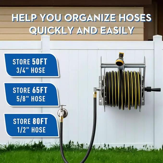 GREENER Stainless Steel Hose Reel For Outside,Wall Mount Garden Hose Holder Heavy Duty Metal Water Hose Reel, 3/4" Solid Connector with 5/8" Inlet Hose and Crank,80-Feet 1/2" Capacity by GreenHaven Gardens