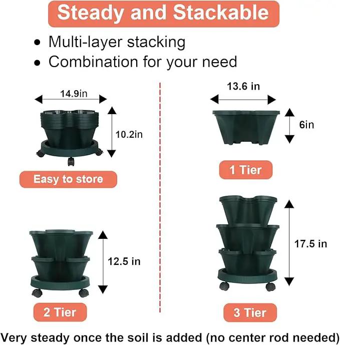 Vertical Planter 3 Tier Stackable Planters Garden Planters Strawberry Herb Flower and Vegetable Planter Indoor Outdoor Gardening Pots with Removable Wheels and Tools by GreenHaven Gardens