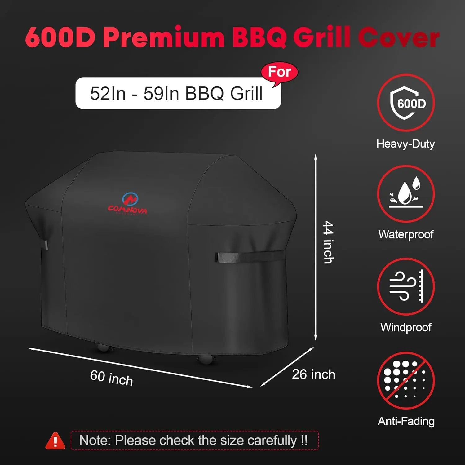 Comnova Grill Cover 60 Inch - 600D Grill Cover for Weber Genesis 300 Series Gas Grill Heavy Duty & Waterproof, Outdoor BBQ Cover for Weber, Char Broil, Dyna-glo, Nexgrill (Not Fit Genesis E325) by GreenHaven Gardens