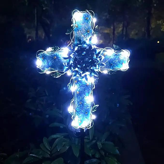 Solar Cross Garden Lights Outdoor Decorative - Solar Metal&Glass Cross Blue Hydrangea Flower Stake Lights- Waterproof 20 Warm White LED for Remembrance Gifts by GreenHaven Gardens