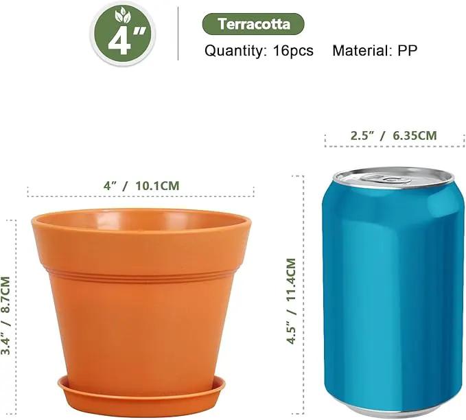 4 inch Small Plastic Nursery Pots, Seedling Pots, 16 Pack Plant Pots for Indoor Outdoor Plants, Flower Pots with Drainage Holes and Saucers, Decorative Planters for House Plants, Terracotta by GreenHaven Gardens