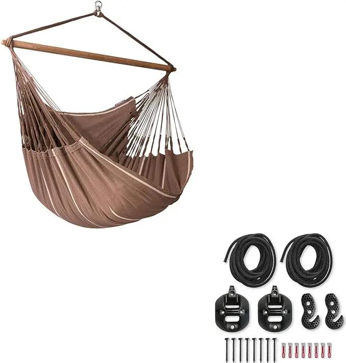 LA SIESTA® - XL King Habana Cotton Hammock Chair & CasaMount - Hanging Chair w/Suspension Kit for Walls Ceilings & Square Beams - Indoor Outdoor Swing Hanging Chair Bedroom Patio Balcony - Chocolate by GreenHaven Gardens