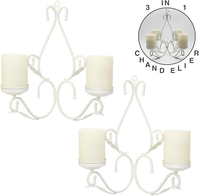 3 in 1 Lighting Chandelier, Metal Wall Sconce Set of 2, Table Centerpiece for Indoor or Outdoor, Chain and Candles Included, White by GreenHaven Gardens