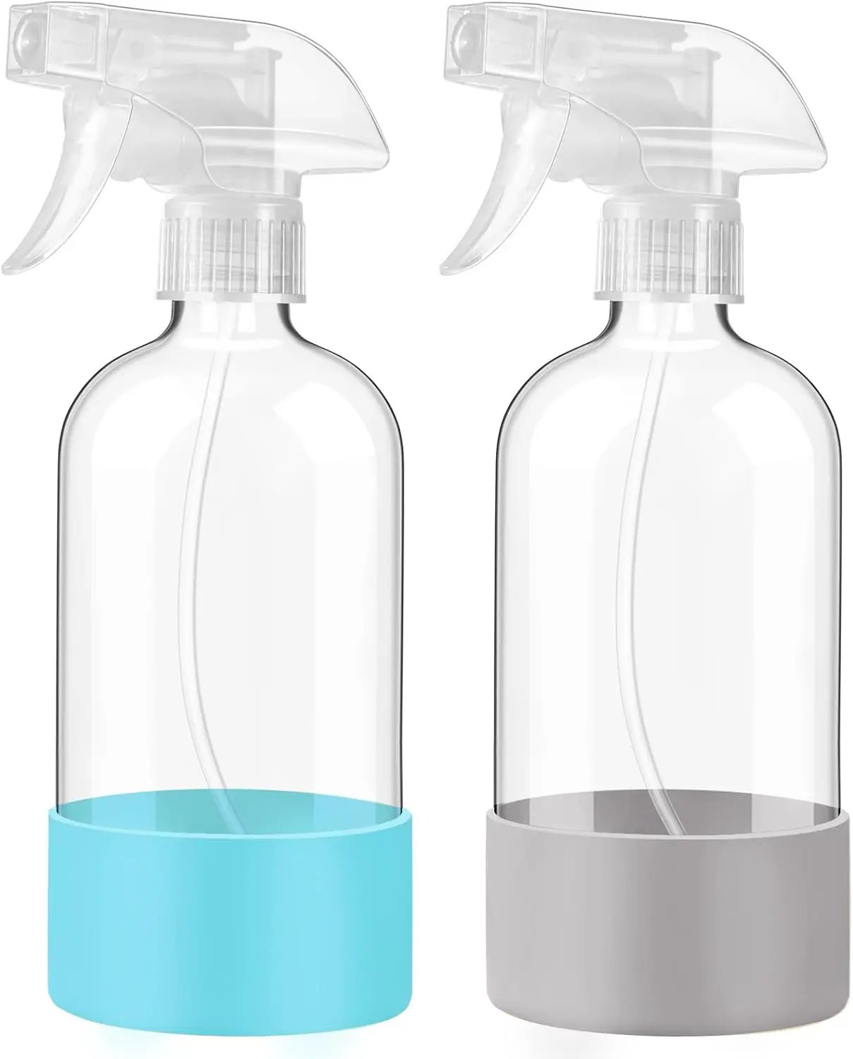 JohnBee Glass Spray Bottles with Silicone Sleeve, 2 Pack16 oz Empty Refillable Containers with Adjustable Spray Nozzles, Spray Bottles for Hair, Cleaning Solutions and Plants Blue&Grey by GreenHaven Gardens