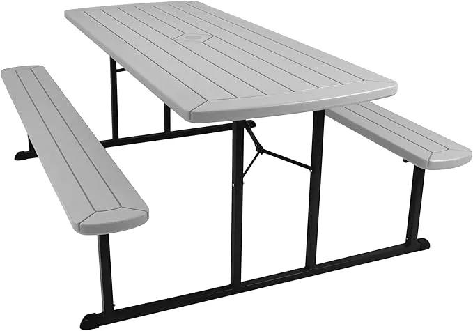 OEF Furnishings Heavy Duty Blow Molded Folding Picnic Table- Light Speckled Grey, Black Frame by GreenHaven Gardens