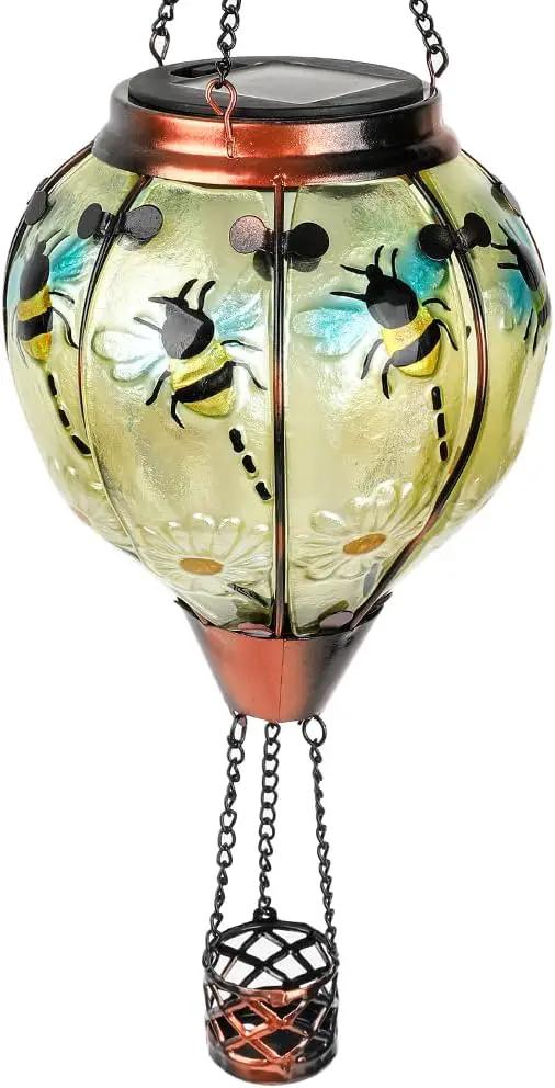 Hot Air Balloon Solar Lantern with Flickering Flame, Glass Hanging Garden Lights Outdoor Waterproof for Tree Yard Patio Mother's Day Gift, 18" H Bee by GreenHaven Gardens