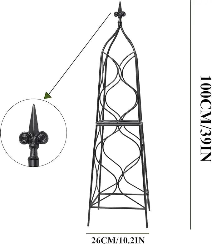 Obelisk Trellis for Garden - 38.3" x 10.03" Durable Metal Climbing Support for Roses, Vines & Flowers | Elegant Black Design with Decorative Top & Hollow Sides by GreenHaven Gardens