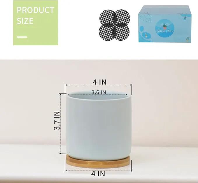 4 Inch Planters with Drainage Hole and Saucer, Small Ceramic Cylinder Plant Pot with Trays for Succulent, Aloe, Cactus & Herbs, Morandi Colors, Set of 4