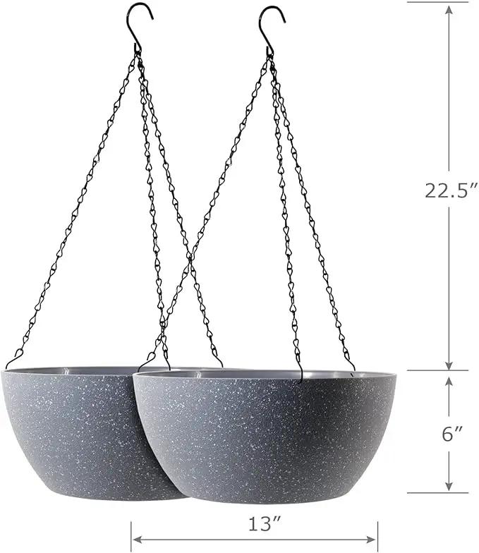 13 inch Large Hanging Planters Plant Pots for Outdoor Indoor Plants with Drainage Holes and Chain, 2 Pack Round Hanging Flower Pots for Garden Home Porch Decor, Speckled Grey by GreenHaven Gardens