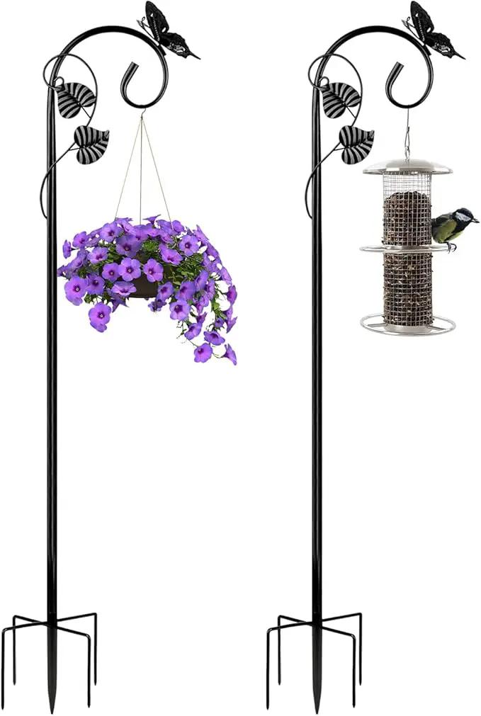 Shepherds Hooks for Outdoor Hummingbird Bird Feeder Pole Hanger 67 Inches with 5 Prongs Base Stainless Metal Adjustable Garden Hanging Holder Weddings Garden Decor Butterfly 2-Pack Black by GreenHaven Gardens
