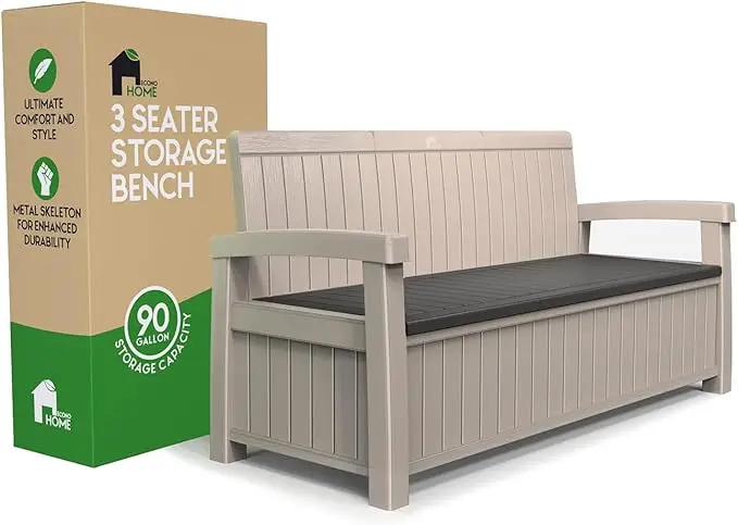 EconoHome 3 Seat Outdoor Storage Bench - 90 Gallon Capacity - Weatherproof Resin Bench for Patio, Porch, Garden, Yard, Pool Area - Furniture for Pool Accessories, Gardening Tools, Toys by GreenHaven Gardens