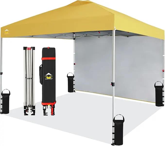 CROWN SHADES 10x10 Pop Up Canopy with 1 Side Wall - Beach Tent with One Push Setup - Outdoor Sun Shade for Events, Parties, Camping - Gazebo with STO-N-Go Cover Bag (Yellow) by GreenHaven Gardens