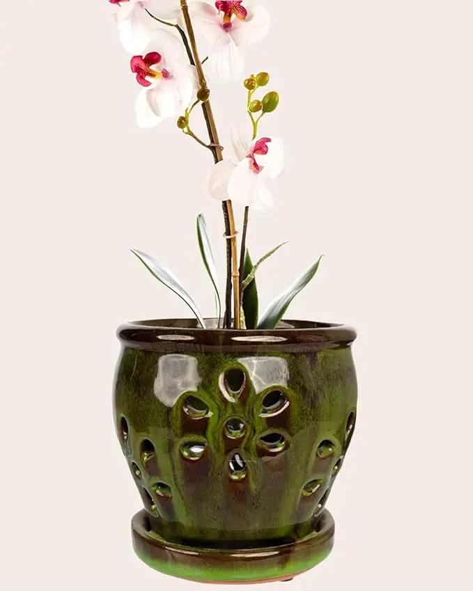 vensovo 5 Inch Ceramic Orchid Pots with Holes and Saucers - 1 Pcs Small Succulent Pot for Repotting, Garden Flowerpots for Plants Indoor and Outdoor Promotes Air Circulation, Yellow Mixed Brown by GreenHaven Gardens