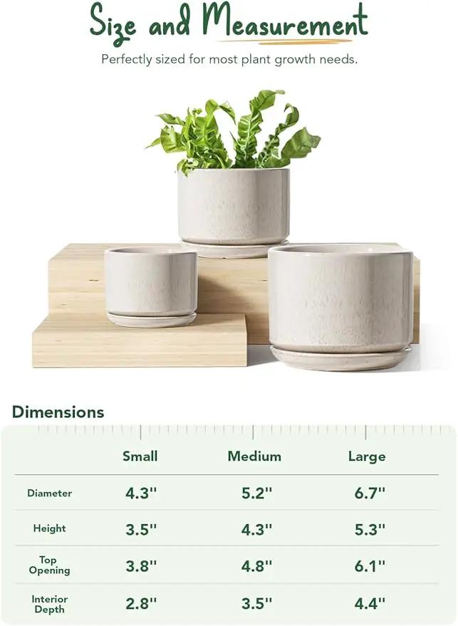 LE TAUCI Ceramic Plant Pots, 4.3+5.3+6.8 inch, Set of 3, Planters with Drainage Hole and Saucer, Indoor Flower Pot with Hole Mesh Pad, Gifts for Mom, Reactive Glaze Beige by GreenHaven Gardens