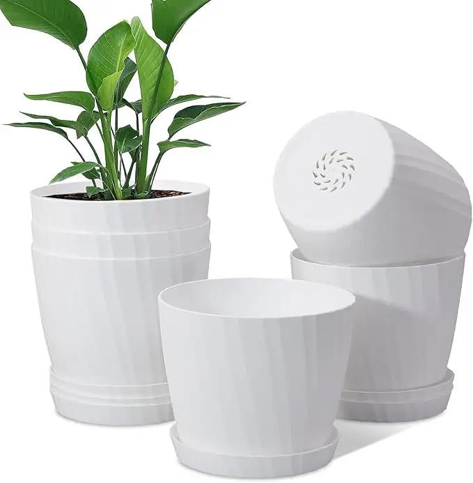7 Inch Plant Pots Bulk, 6 Pack Plastic Planters with Drainage Holes and Saucers for Indoor Outdoor House Plants and Flowers, White by GreenHaven Gardens