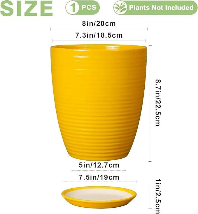 Ceramic Plant Pot - 8 Inch Planter Pot with Drainage Hole and Saucer Round Planter for Indoor Outdoor Plants Flower Pot for Home Patio Garden Office Yellow