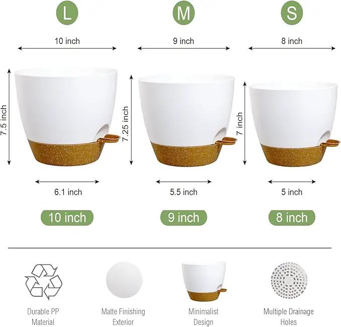 10/9/8 inch Self Watering Pots, Set of 3 Plastic Planters with Mesh Drainage Holes and Deep Reservoir for Indoor Outdoor Garden Plants and Flowers, White with Brown by GreenHaven Gardens