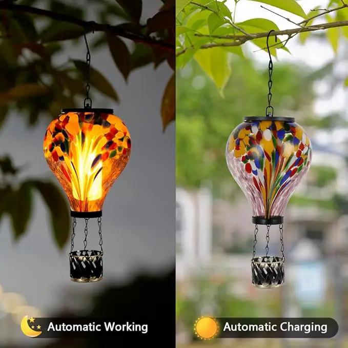 Starsoul Hot Air Balloon Solar Lantern Tie-Dye Style Glass Outdoor Hot Air Balloon Solar Flickering Flame Light Waterproof Hanging Lantern for Garden Yard Patio Decor by GreenHaven Gardens