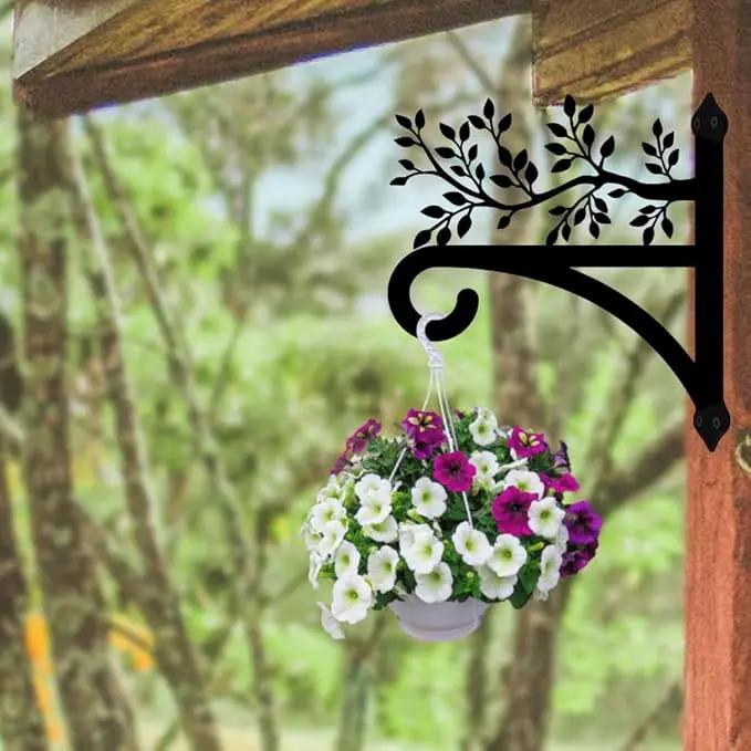 peacoblue Iron Plant Hangers Hooks for Outdoor Indoor Hanging Plants Flower Fern Pots Lantern Bird Feeder, 13"x14" Weather Resistant Metal Wall Holder for Porch Garden Farmhouse(Leaves with Branches) by GreenHaven Gardens