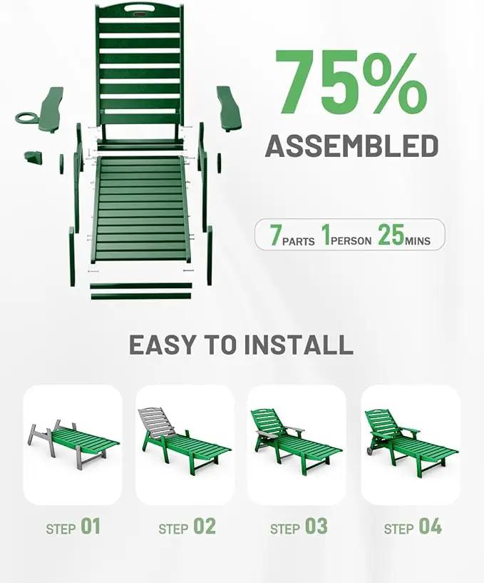 Lounge Chair Outdoor Set of 4 with Wheels, Adjustable 6-Position Chaise Lounge Outdoor, Patio Lounge Chair for Poolside Backyard, Green by GreenHaven Gardens