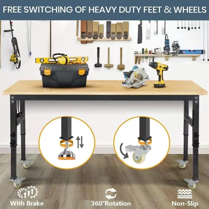 70'' Adjustable Workbench, Rubber Wood Top Work Bench Heavy-Duty Work Table with Socket, Wheels and Fixed Legs 2000 LBS Load Capacity Hardwood Sewing Table for Garage, Workshop, Home, Office by GreenHaven Gardens