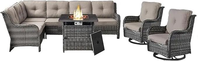 Outdoor Sectional Sofa Furniture Set with Propane Fire Pit Table, Wicker Patio Conversation Set with 2 Swivel Glider Rocker Chairs Grey Cushion Perfect for Backyard Casual Gathering by GreenHaven Gardens