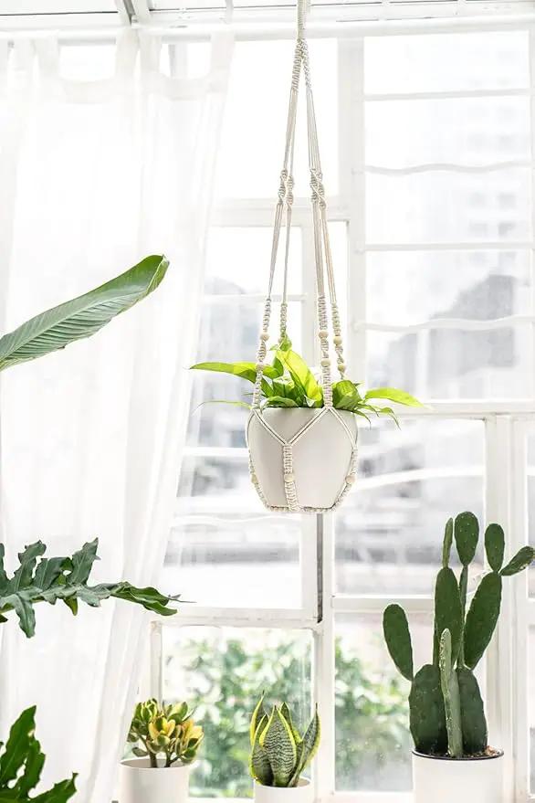 Mkono 43 Inch Macrame Plant Hanger Large for up to 12 Inch Pot Extra Long Hanging Plant Holder No Tassels Hanging Planter Basket with Wood Beads for Indoor Outdoor Boho Home Decor, Ivory by GreenHaven Gardens