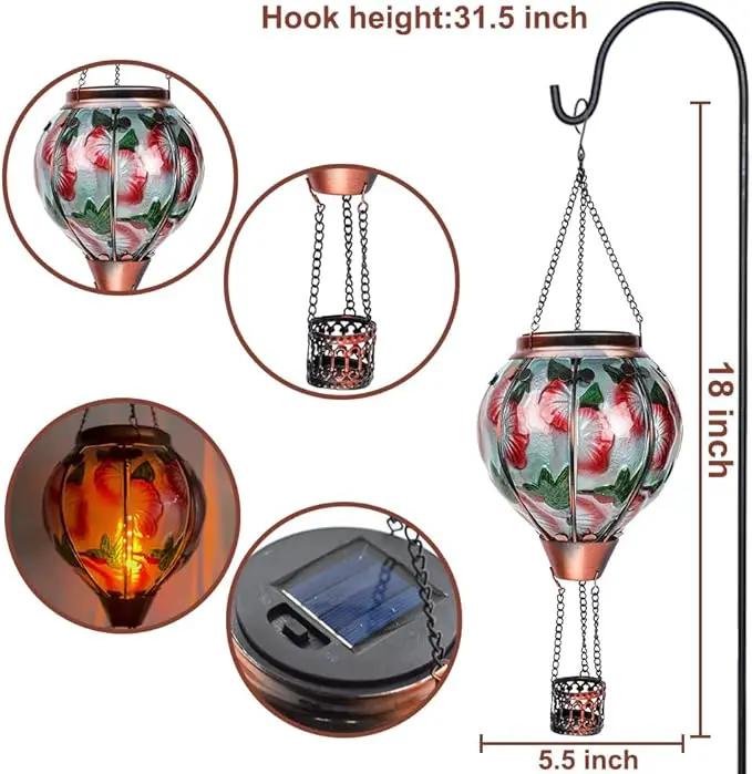 2PCS Solar Hot Air Balloon Flickering Flame Hanging Garden Light with Shepherd's Hooks, Waterproof Glass Outdoor Lantern for Yard Patio, Mother's Day Gift, 18" H Hummingbird & Flower by GreenHaven Gardens